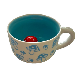 Cerra Mushroom Peek-a-Boo Blue White Red Ceramic Mug Surprise 3-D Mushroom